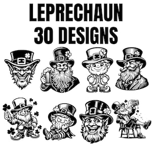 May include: A collection of 30 black and white illustrations of leprechauns. The leprechauns are depicted in various poses, including holding a beer mug, sitting on a stool, and wearing a hat. The illustrations are perfect for use in a variety of creative projects.