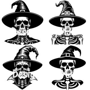 May include: Four black and white illustrations of skeletons wearing witch hats. The skeletons are in different poses, with some looking straight ahead and others looking to the side. The hats are all pointed and have a wide brim.