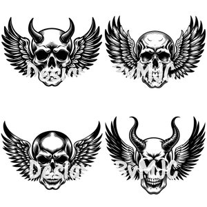 Schedel SVG-bundel en png-bestanden, schedel met vleugels svg png, skeletschedel clipart, schedel vectorbestanden, duivel schedel svg