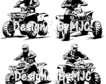May include: Four black and white illustrations of people riding all-terrain vehicles (ATVs) through a dirt path. The riders are wearing helmets and protective gear. The ATVs have a sporty design with large tires and a powerful engine.