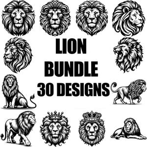 Lion SVG Bundle, 30Unique Lion Designs, Roaring Lion PNG Clipart, King of the Jungle Cut Files, Cricut Silhouette Svg Png Art