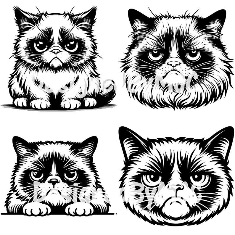Grumpy Cat SVG Bundle 25 Clipart & PNG Files, Angry Cat Vector Cat ...