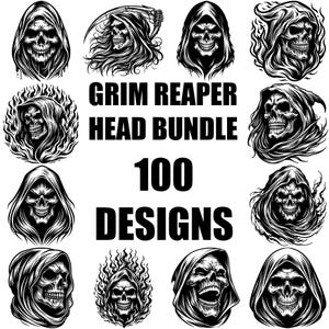 Grim Reaper SVG Bundle, Halloween Skull Scythe Digital Art, Spooky Skeleton Head Clipart, Vector Cutting Files