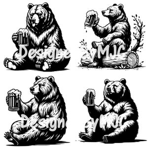 Ours buvant de la bière SVG Bundle Clipart & fichiers PNG, image vectorielle de camping scène, buvant ours SVG, svg ours, silhouette d'ours, grizzly