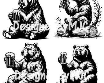 Bear Drinking Beer SVG Bundle Clipart & PNG Files, Camping Scene Vector Image, Drinking Bear SVG, Bear svg, Bear silhouette, Grizzly bear
