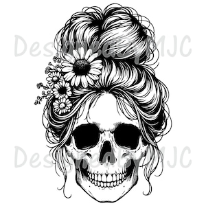 Messy Bun meisje schedel SVG clipart- en png-bestanden, skelet, moeder knot haar, digitale illustraties, gesneden bestanden voor de Cricut en silhouet, lasergravure