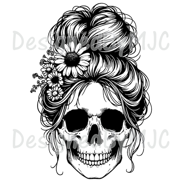 Messy Bun Girl Skull SVG Clipart & PNG Files, Skeleton, Mom Bun Hair, Digital Clip Art, Cut Files for Cricut and Silhouette, Laser Engraving