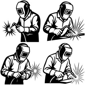 May include: Four black and white illustrations of a welder wearing a protective helmet and holding a welding torch. Each image shows the welder in action, with sparks emanating from the torch.