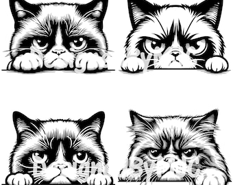 Peeking Grumpy Cat SVG Bundle 25 Clipart & PNG Files, Angry Cat Vector Cat Lover Gift, Moody Angry Frazzled Cats Kittens, Funny Grumpy Cat