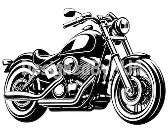 May include: Black and white illustration of a classic motorcycle with a single seat and a large front wheel.