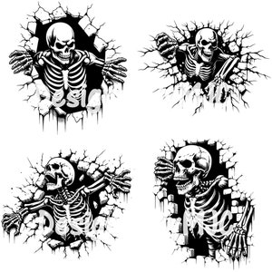 May include: Four black and white illustrations of skeletons breaking through a wall. Each skeleton is in a different pose, with one reaching out with its hands, one looking over its shoulder, one looking straight ahead, and one looking down. The skeletons are all in a distressed pose, as if they are trying to escape.