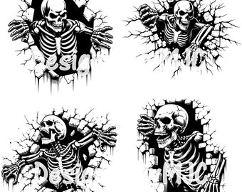 Puede incluir: Cuatro ilustraciones en blanco y negro de esqueletos rompiendo una pared. Cada esqueleto está en una pose diferente, uno con las manos extendidas, otro mirando por encima del hombro, otro mirando hacia adelante y otro mirando hacia abajo. Los esqueletos están todos en una pose de angustia, como si intentaran escapar.