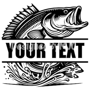 May include: Black and white illustration of a bass fish jumping out of the water. The fish is facing right and has its mouth open. The text "YOUR TEXT" is below the fish.