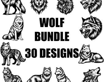 Lot de loups SVG, pack de cliparts animaux sauvages, vecteur de silhouette tête de loup, loup hurlant, téléchargement numérique