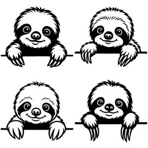 以下が含まれることがあります： 4匹の白黒のナマケモノのイラスト。各ナマケモノは笑顔で、爪で水平線にしがみついています。ナマケモノは暗い目をしており、目の周りに暗いパッチがあります。