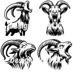 May include: Four black and white illustrations of a goat with horns, each with its mouth open in a roar. The goat in the top left is standing on all four legs, while the other three are only heads.