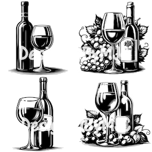 SVG-bundel wijnglas en png-bestanden, wijn met druiven SVG, wijn en fles SVG-bundel, wijndruiven vector