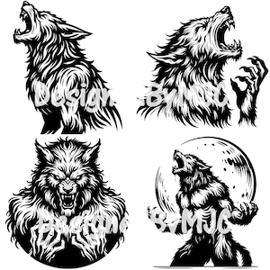 Puede incluir: Cuatro ilustraciones en blanco y negro de hombres lobo en varias poses. Uno aúlla, otro está en plena transformación con garras, un tercero gruñe y el último aúlla a la luna. Cada diseño incluye texto.