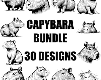Kapybara SVG-paket 30 designer, söt kapybara clipart PNG, kapybara vektorgrafik, djursilhuett digitala filer för Cricut