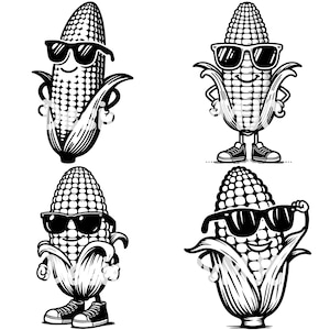 Puede incluir: Cuatro mazorcas de maíz de dibujos animados con gafas de sol. Cada mazorca de maíz tiene una expresión y una pose diferentes. Las mazorcas de maíz están dibujadas en blanco y negro.