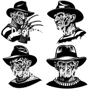 Puede incluir: Ilustraciones en blanco y negro de un personaje de película de terror con sombrero fedora. El personaje tiene una cara con cicatrices y un suéter a rayas. Una ilustración muestra al personaje con guantes con cuchillas. La palabra "Design" es visible.