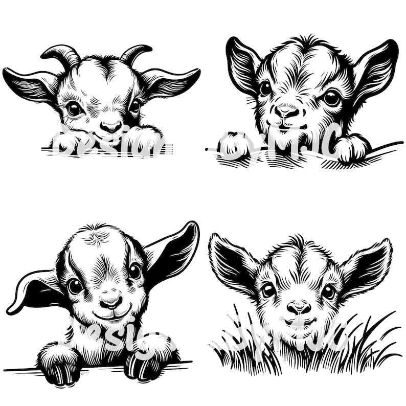 May include: Four black and white illustrations of baby goats. The goats are looking at the camera with their mouths slightly open. Two of the goats are peeking over a surface, while the other two are in a grassy field.