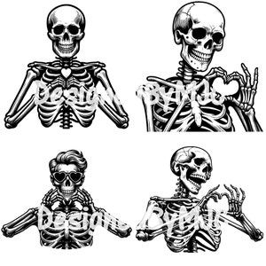 Op de afbeelding: Vier zwart-wit illustraties van skeletten die een hartvorm maken met hun handen. De skeletten staan in verschillende poses, sommige dragen een zonnebril.