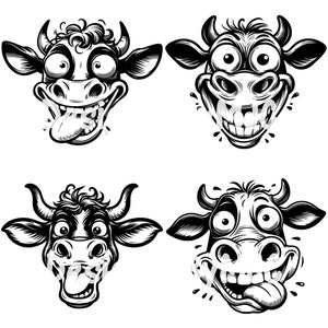 May include: Four black and white cartoon cow heads with different expressions. Each cow has large eyes, a wide open mouth, and a tongue sticking out.