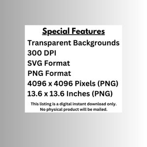 May include: A digital download listing for a graphic design featuring transparent backgrounds, 300 DPI resolution, and available in SVG and PNG formats. The PNG file is 4096 x 4096 pixels, which is equivalent to 13.6 x 13.6 inches.
