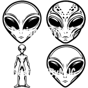May include: Four black and white illustrations of alien heads and one full body alien. The alien heads have large eyes and a pointed chin. The full body alien has a slender build and large eyes.