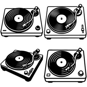 May include: Four black and white illustrations of turntables. Each turntable has a circular record on top, a tonearm, and control buttons. The turntables are square-shaped with a minimalist design, suitable for music enthusiasts.