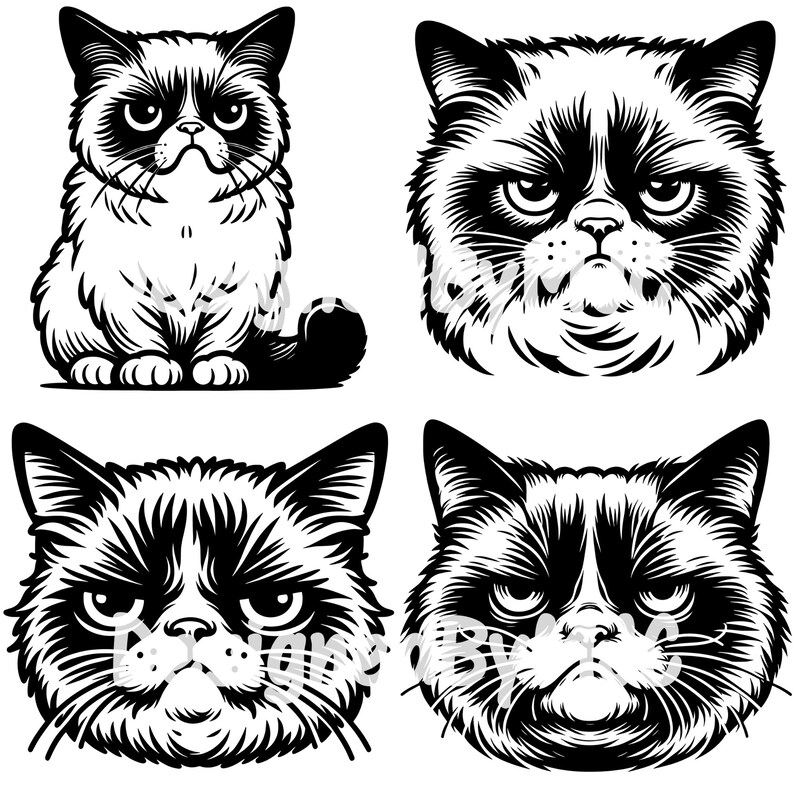 Grumpy Cat SVG Bundle 25 Clipart & PNG Files, Angry Cat Vector Cat ...