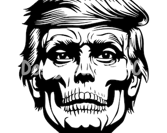 May include: Black and white illustration of a skull with a hairstyle resembling that of Donald Trump.