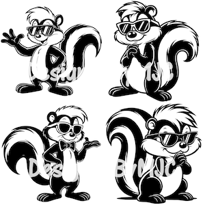 Peut inclure: Quatre images de dessin animé en noir et blanc d'une moufette portant des lunettes de soleil. La moufette est dans différentes poses, notamment en train de saluer, de se tenir les bras croisés et de se tenir les mains jointes.