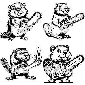 May include: Four black and white illustrations of beavers holding chainsaws. The beavers are in different poses, some are smiling and some are frowning. The chainsaws are all different sizes and shapes.