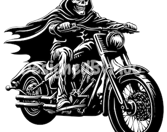 Grim Reaper Riding Motorcycle SVG Clipart PNG, Motorcycle svg, Grim Reaper svg, Skeleton Skull Biker Clipart Silhouette Vector