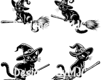Witch Black Cat SVG, Halloween Black Cat Svg Png, Witch hat svg, Halloween Sublimations, Black Cat Broom svg, Trendy Halloween Png