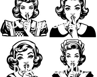 Ama de casa retro Shush SVG PNG, Mujeres vintage de moda, Atómica de la década de 1950, Mujeres retro svg, Retro Comic Hush Woman svg