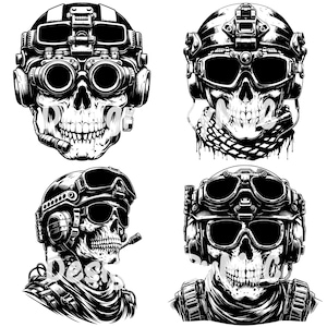 May include: Four black and white illustrations of skulls wearing military helmets and goggles. The skulls are wearing different styles of helmets and goggles, and each skull has a different expression.