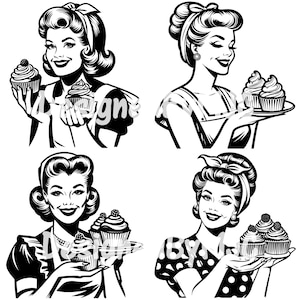 Cupcakes de ama de casa retro SVG PNG, mujeres vintage de moda, atomicidad de los años 50, mujeres retro svg, cierra los fucupcakes svg png