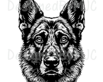 Puede incluir: Ilustración en blanco y negro de la cabeza de un perro pastor alemán. El perro tiene una expresión seria y su pelaje está detallado con líneas finas.