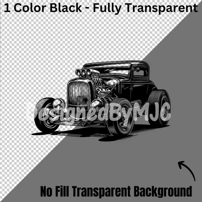 May include: Black and white illustration of a vintage hot rod car. The car has a large engine and a classic design.