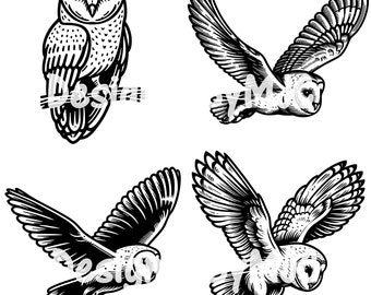 May include: Four black and white illustrations of owls. One owl is perched on a branch, while the other three are in flight. The owls have detailed feathers and large, round eyes.
