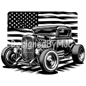 May include: Black and white illustration of a vintage hot rod car with a large engine and wide tyres. The car is in front of an American flag.