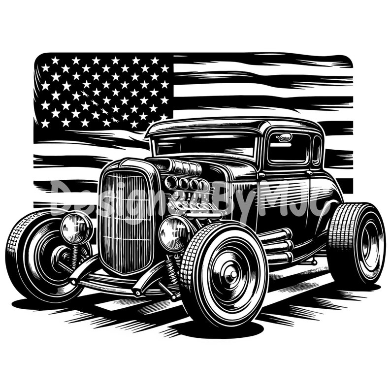 May include: Black and white illustration of a vintage hot rod car with a large engine and wide tyres. The car is in front of an American flag.