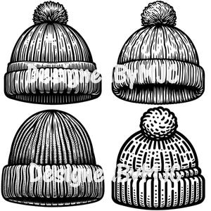 May include: Four black and white illustrations of different styles of winter beanies with pom poms.