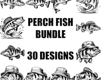 May include: A black and white illustration bundle of 30 perch fish designs. The text "Perch Fish Bundle" and "30 Designs" is included in the image.