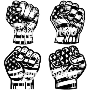 Op de afbeelding: Vier zwart-wit illustraties van een vuist met een Amerikaans vlagontwerp. De vuist is gebald en de vlag is om de vuist gewikkeld.