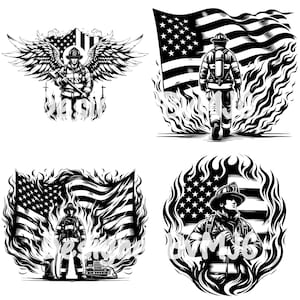 May include: Four black and white illustrations of firefighters in front of an American flag with flames. The firefighters are wearing helmets and holding hoses. The flags are waving in the wind.