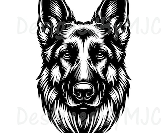 Puede incluir: Ilustración en blanco y negro de la cabeza de un perro pastor alemán. El perro mira directamente al espectador con una expresión seria.